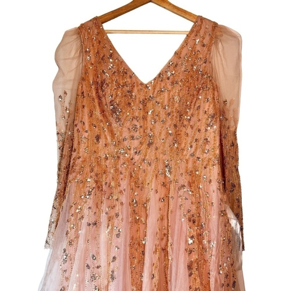 Mac Duggal Embellished V Neck Long Sleeve A Line Gown in Pink Champagne NWT - Picture 3 of 5